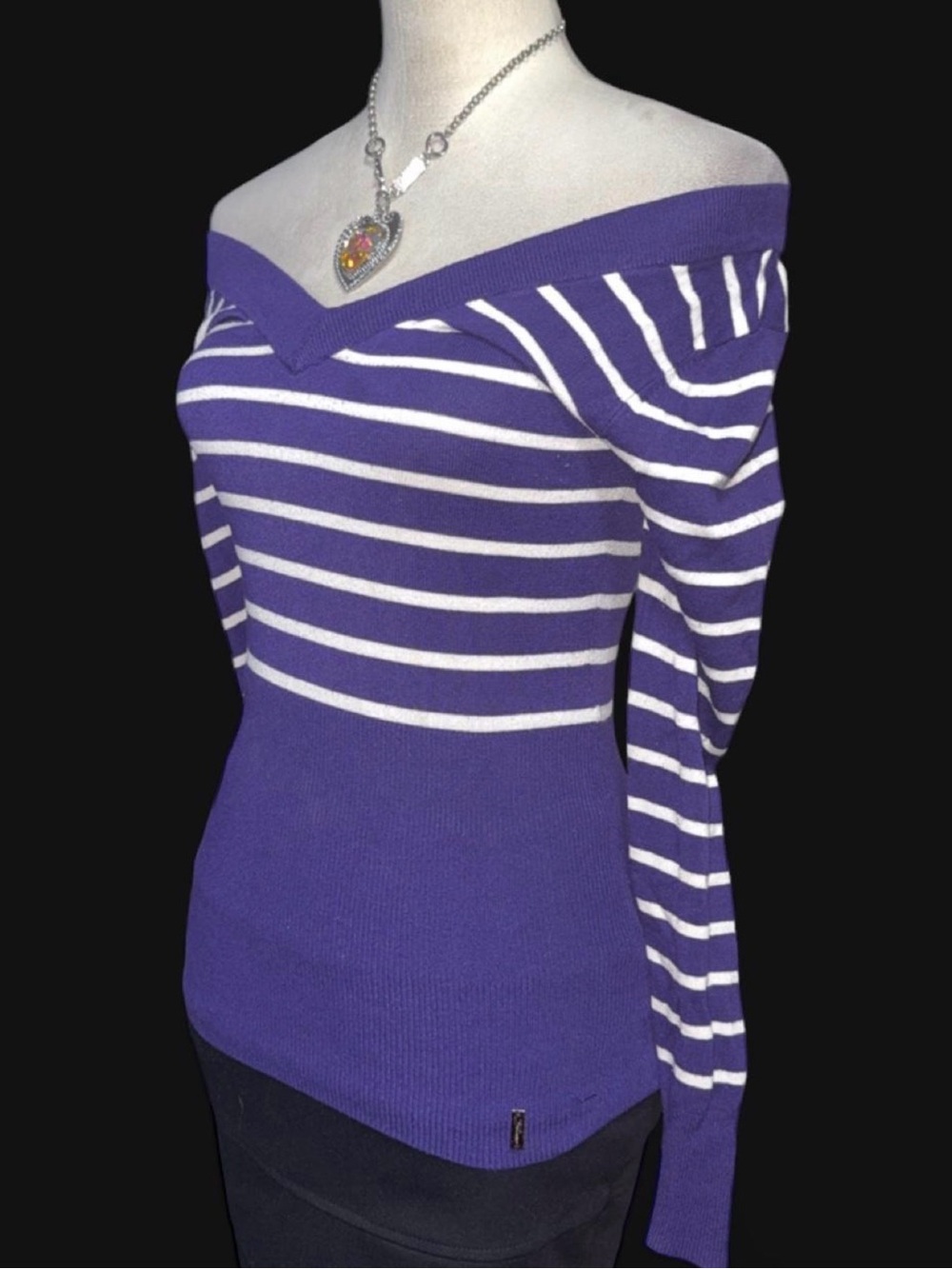 Guess Purple & White Off-Shoulder Striped Long Sleeve Top